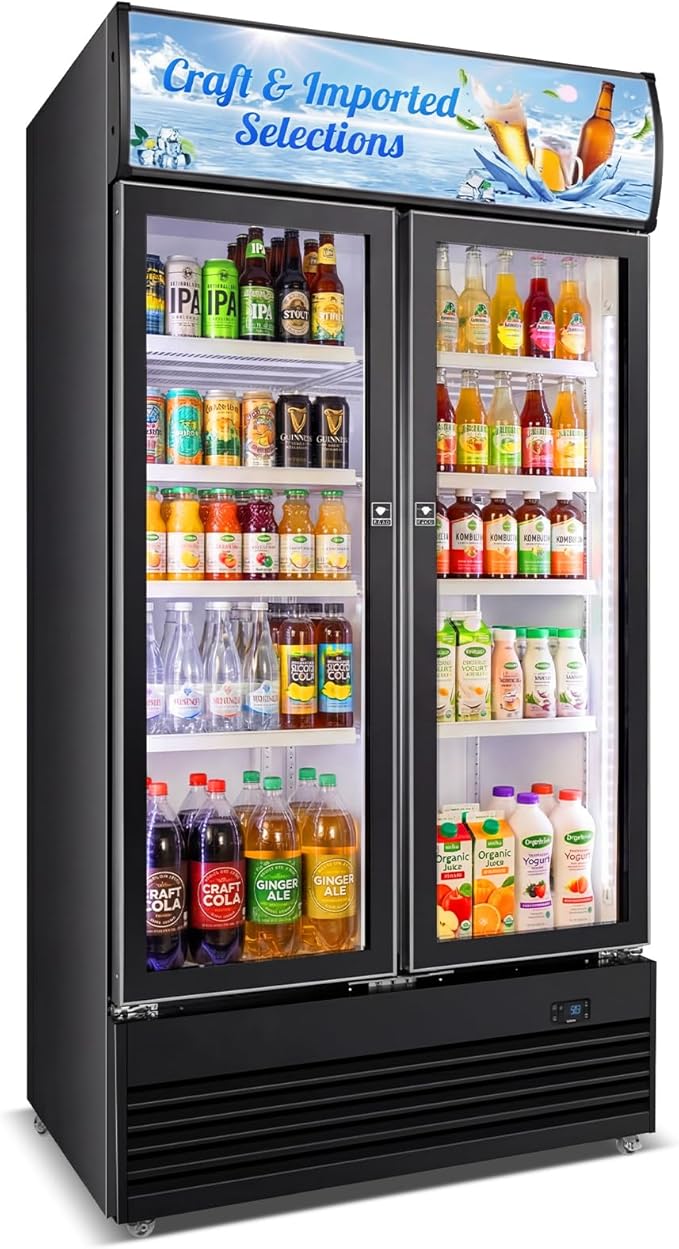 Commercial Display Beverage Fridge, 40″ Double Glass Door Refrigerator, 28.1 Cu.Ft Large Capacity with 8 Adjustable Shelves, Upright Cooler for Shop, Bar & Restaurant