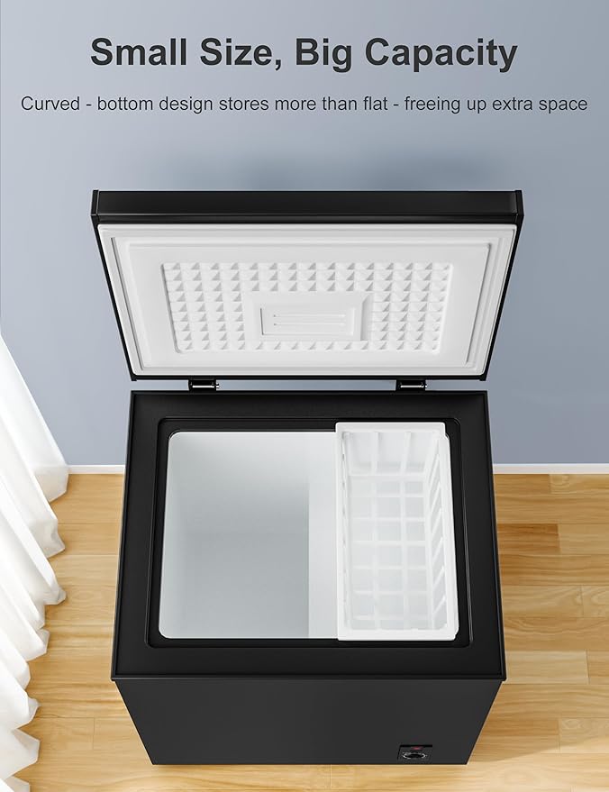 3.5 Cu.Ft Compact Chest Freezer, Energy Saving (0.36kWh/24H) & Ultra-Quiet (<40dB), with Removable Basket, 6-Temp, Manual Defrost Drain, Top Open Door Deep Freezer for Apartment, Dorm, Kitchen, Black