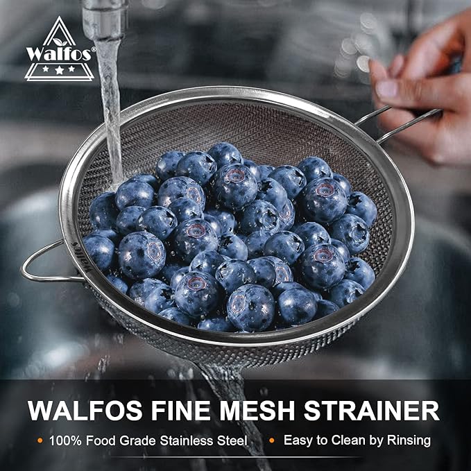 Walfos Extra Fine Mesh Strainer Set of 4-9.35", 6.95", 4.6", 2.7", Stainless Steel 30 Mesh Sieve with Sturdy Handle, Kitchen Food Strainers Sifters for Quinoa, Pasta, Fruits, Vegetables, Rice, Tea