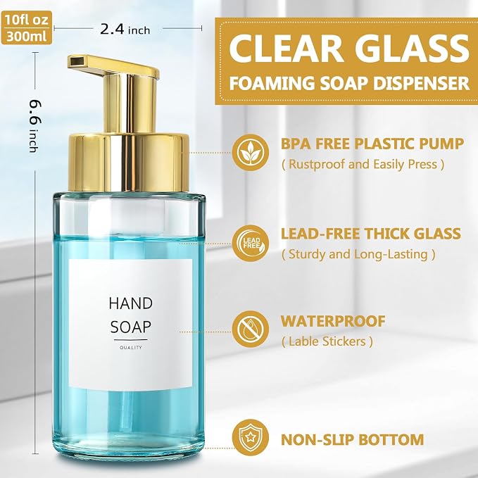 RYTOXILO Foaming Soap Dispenser, 10 oz/300ml Gold Soap Dispenser, 2 Pack Glass - Image 3