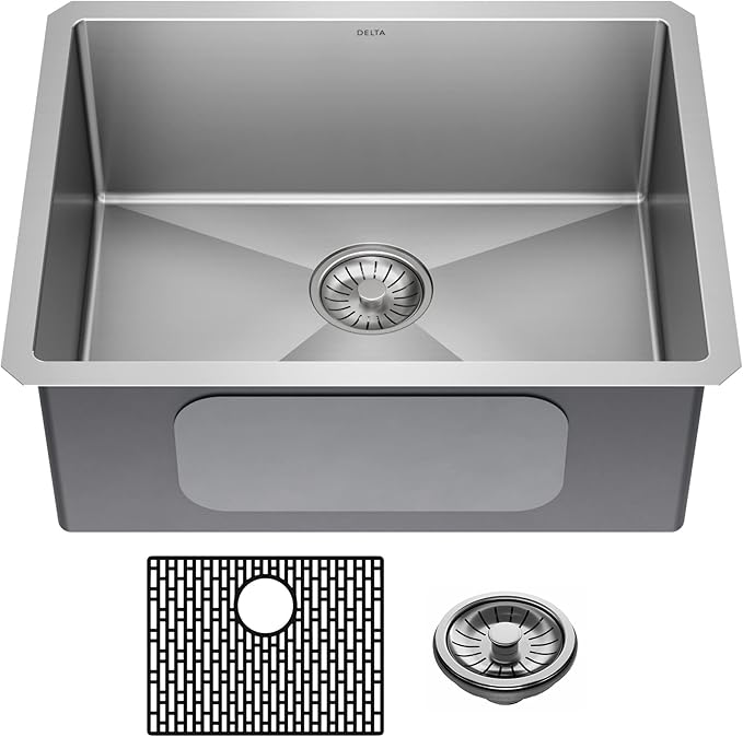 DELTA FAUCET Delta Lenta 23-inch Undermount 16 Gauge Stainless Steel Single Bowl Kitchen Sink with Accessories, 953034-23S-SS, Satin