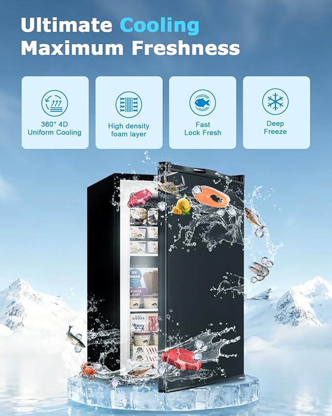 3.0 Cu.ft Upright Freezer - Compact Mini Freezer with 7 Adjustable Thermostat, Removable Shelves, Reversible Single Door, 360°Uniform Cooling Small freezer for Home Office Kitchen Dorm, Black