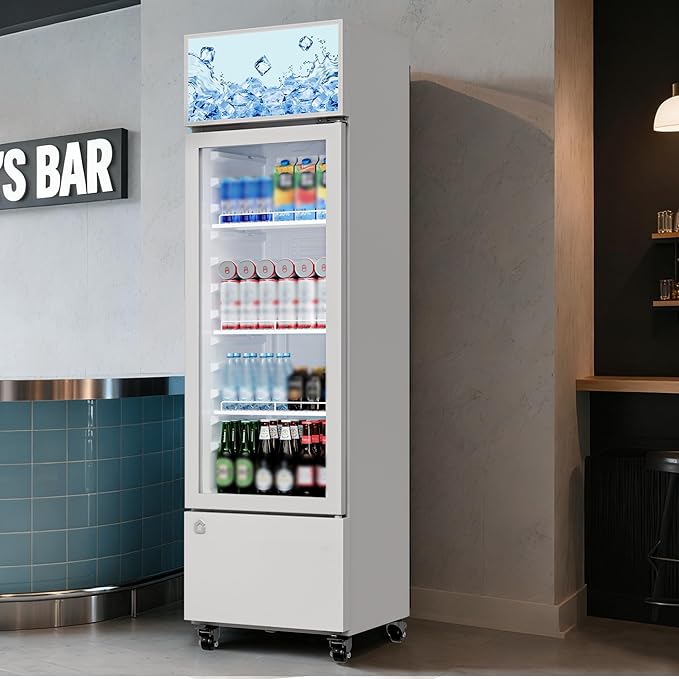 6.1 Cu.Ft. Commercial Glass Door Beverage Cooler, Frost-Free Display Fridge, 360° Cooling, Adjustable Shelves, Energy-Saving Upright Drink Refrigerator with Wheels