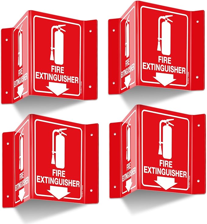 GicnKeuz Fire Extinguisher Sign, 8" x 6" Fire Extinguisher Projecting Sign with Down Arrow, Two-Sided Acrylic V-Signs, Including Screws, Easy to Install, Home Office/Business Use (4 Pack)