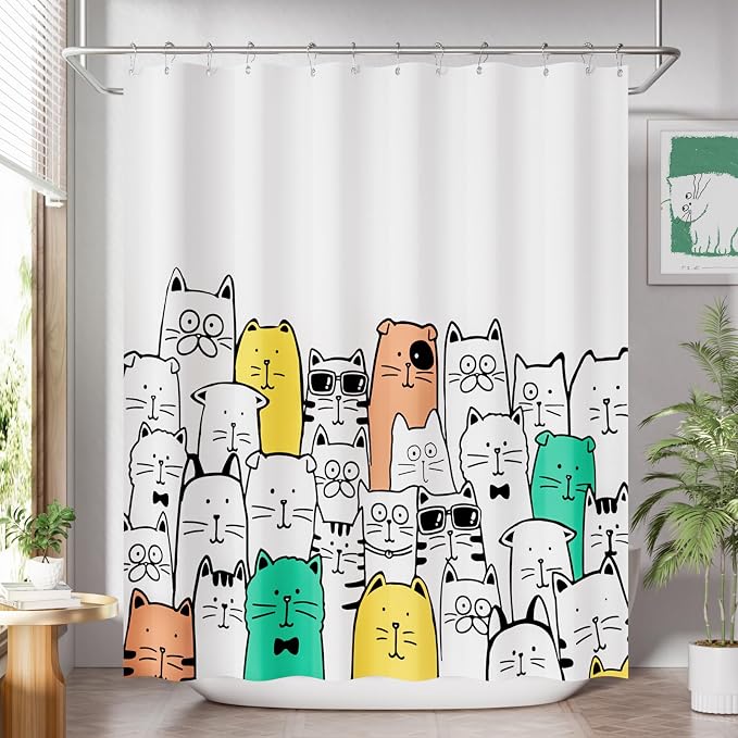 AmazerBath Shower Curtain, Washable Cute Kitty Carnival Cloth Shower Curtain Set by AmazerBath