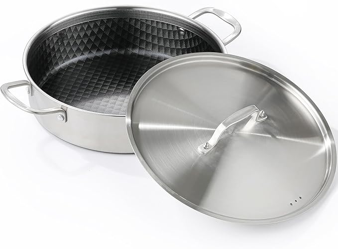 DELARLO 8Quart Tri-Ply Stainless Steel Non Stick Braiser Pan with Lid,13inch Deep Frying Pan,Large Saute Pan,Jumbo Cooker,Induction Compatible,Heavy Duty and Oven Safe