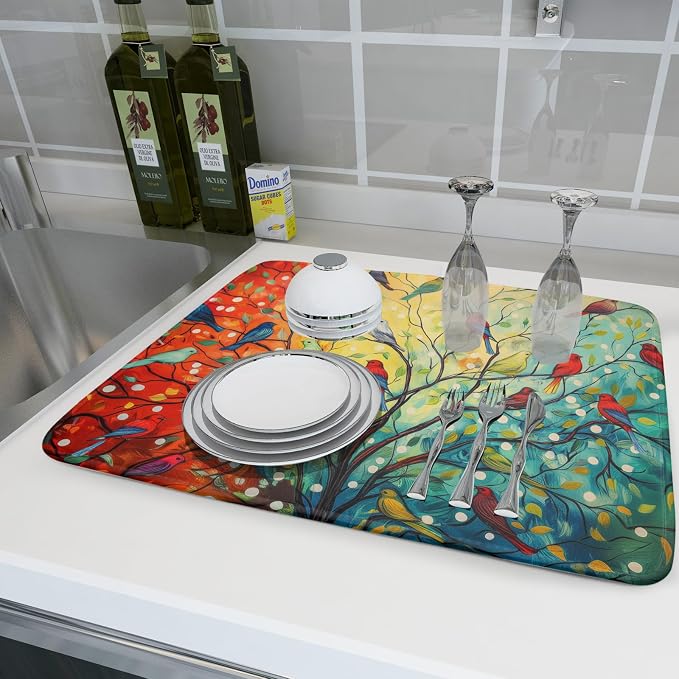 Dish Drying Mat for Kitchen Counter 18x24 Inch Summer Floral Birds Kitchen - Image 6