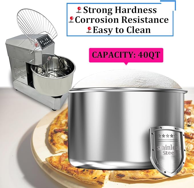 INTSUPERMAI Commercial Dough Mixer, 40QT Stand Flour Mixing Machine, Double Action Double Speed, with Dough Cutter, 110V/1800W Electric Food Stand Spiral Mixer