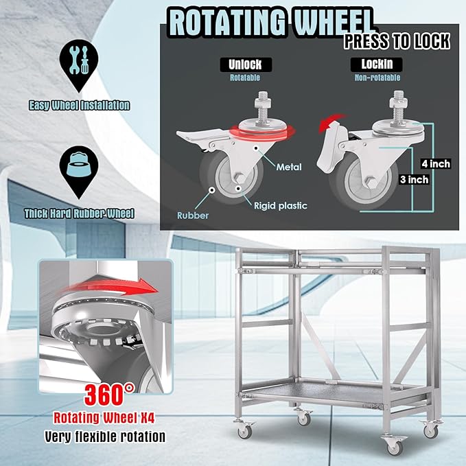 2 Shelf Rolling Cart with Wheels, 660lbs Capacity Collapsible Steel Rolling Utility Cart, Heavy-Duty Foldable Workbench, Metal Rolling Storage Cart with Handle for Groceries, Warehouse (36" Lx26 W)