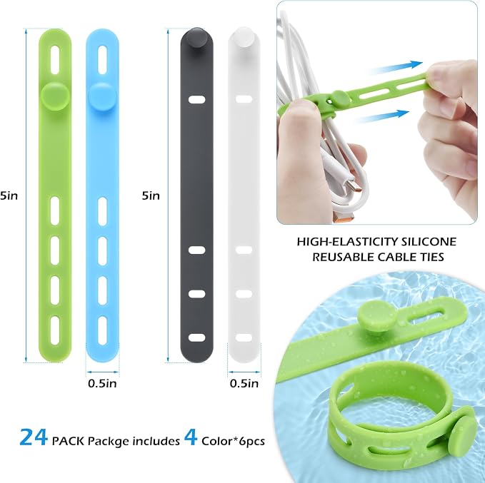 24 Pcs Silicone Cable Ties, Cord Organizer Ties, Cord Ties Reusable, Cord Wrap - Image 2