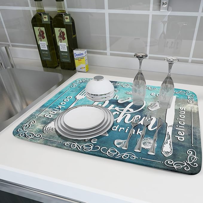 Blue Grey Dish Drying Mat 18x24 Inch Cooking Delicious Absorbent Drying Pad - Image 6
