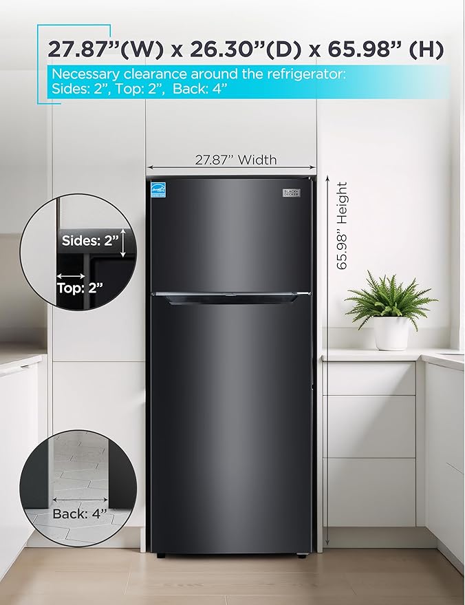 BLACK+DECKER 14.6 Cu. Ft. Top Mount Refrigerator with Freezer, 2 Door Refrigerator with Top Freezer and Adjustable Temperature Control, ENERGY STAR, BR1460HB, Black