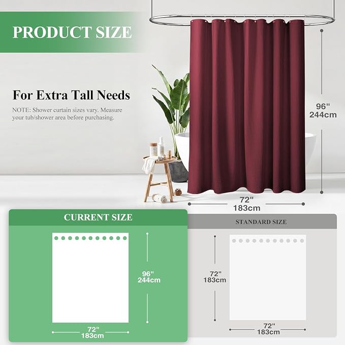 Dynamene Extra Long Waffle Shower Curtain 256 GSM Fabric 72x96 Burgundy - Image 2