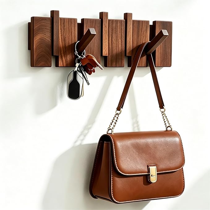 Coat Rack Wall Mount, Walnut 5 Flip-Down Picket Hanger Hooks by WelcometoQuellance
