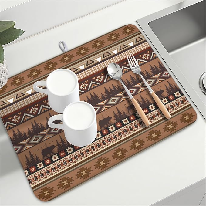 Giwawa Rustic Bear Deer Dish Drying Mat Boho Ethnic Drainer Rack Pad 18x24 Inch - Image 8