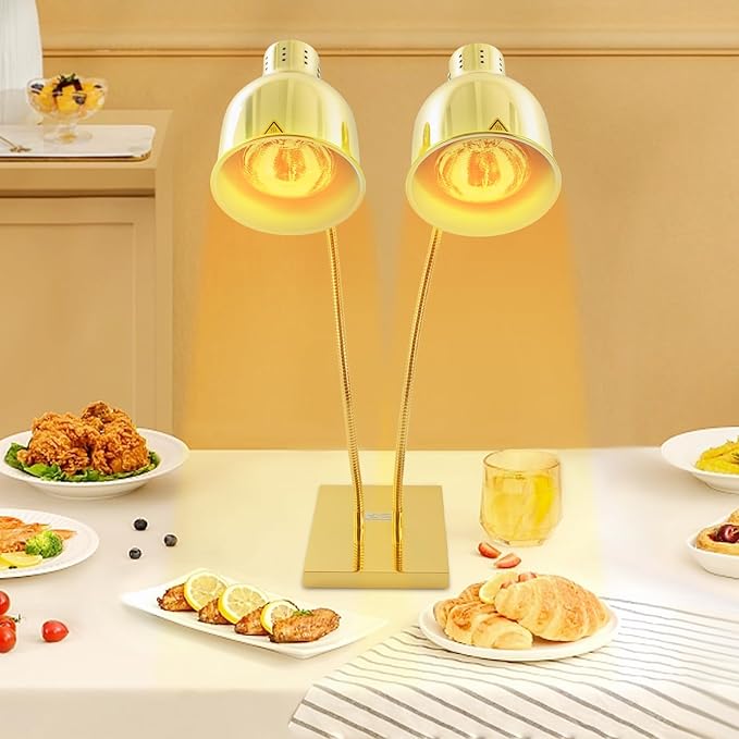 Food Heat Lamp Warmer Gold, 500W Double Bulbs Buffet Display Heating Preservation Light, Lighting for Food Buffet, Electric Portable Infrared Heating Lamp with 360°Adjustable Head (Gold)