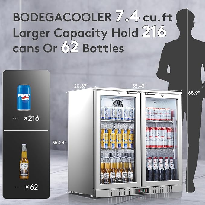 BODEGA BODEGACOOLER Back Bar Cooler With 2 Glass Doors,7.4 Cu.Ft Stainless Steel Commercial Back Bar Fridgewith LED Lighting,Counter Height Bar Beverage Cooler for Beer,Soda Drinks,Wine