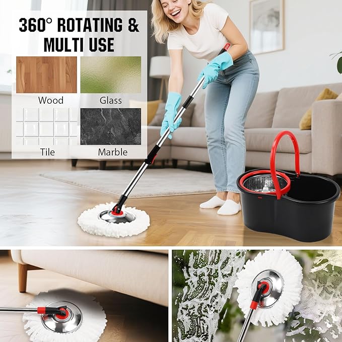 Spin Mop and Bucket with Wringer Set, 3 Microfiber Mop Heads - Image 6