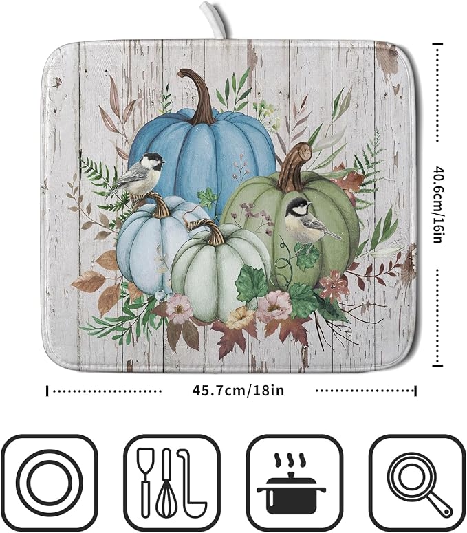 Fall Blue Pumpkin Dish Drying Mat 16x18 inch Autumn Harvest Dish Rack Mats - Image 2