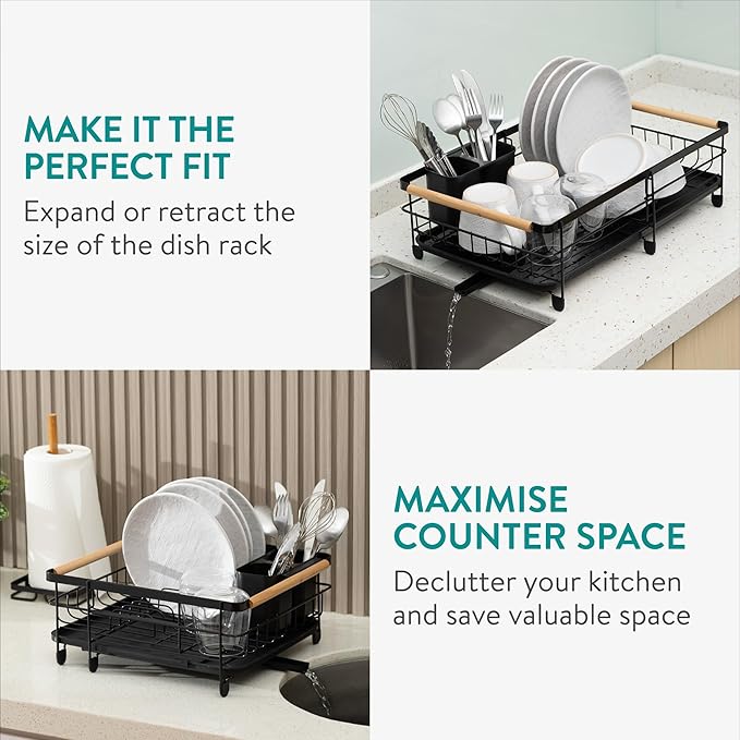Navaris Expandable Dish Rack - Adjustable Draining Board for Drying Dishes - Removable Plates and Cutlery Holder - Kitchen Sink Washing Up Drainer with Plug and Drip Tray - Black