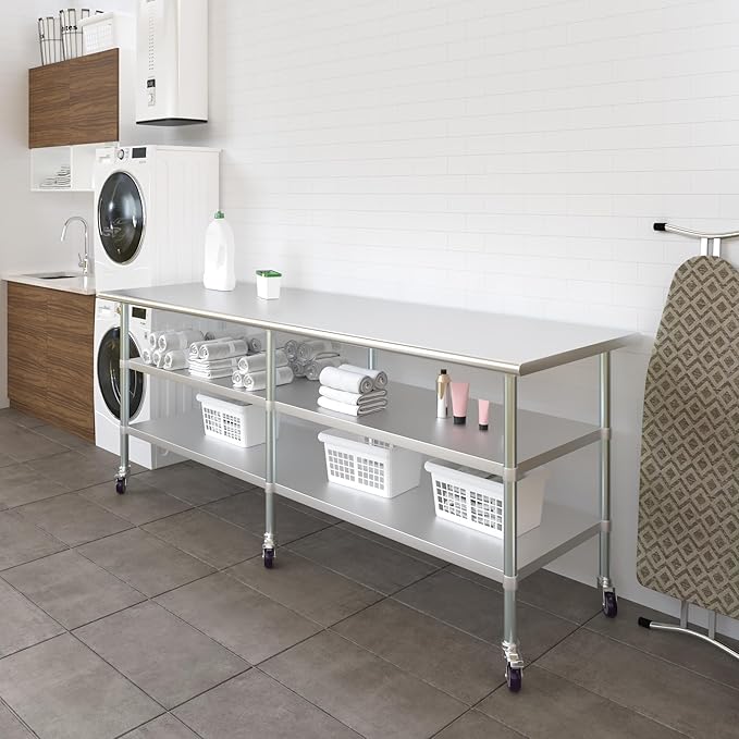 AmGood Stainless Steel Work Table with 2 Shelves and Casters | Metal Utility Table On Wheels (Stainless Steel, 96" Long x 30" Deep)