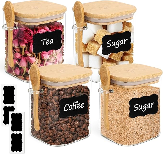 ComSaf Glass Container with Spoon & Lid 0.8 Qt, 4 Pack Glass jar with spoon by ComSaf