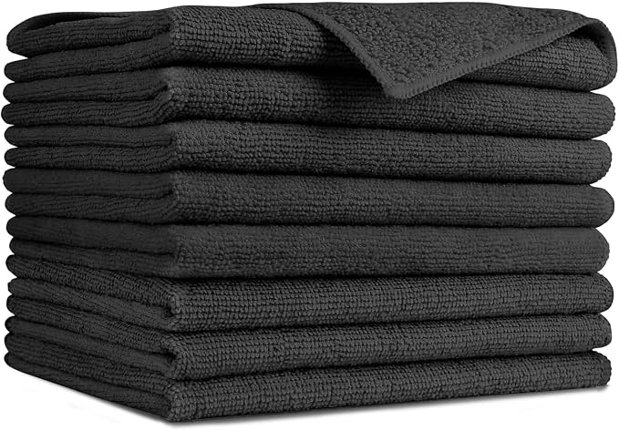 AIDEA Black Microfiber Cleaning Cloth-8PK, Cleaning Rags 12"x 16" Reusable | by AIDEAHOME