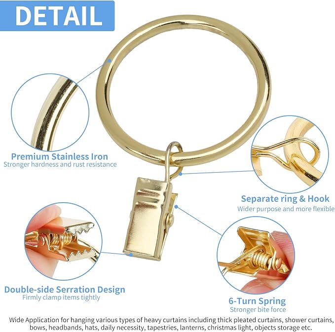 Curtain Rings with Clips, 44 Pack Metal Drapery Rings with Clips Hooks Hangers - Image 4