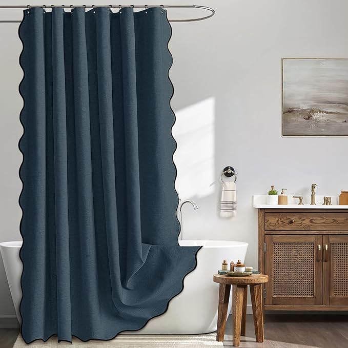 MIULEE Navy Blue Scalloped Linen Shower Curtain 72x72 Inches by MIULEE