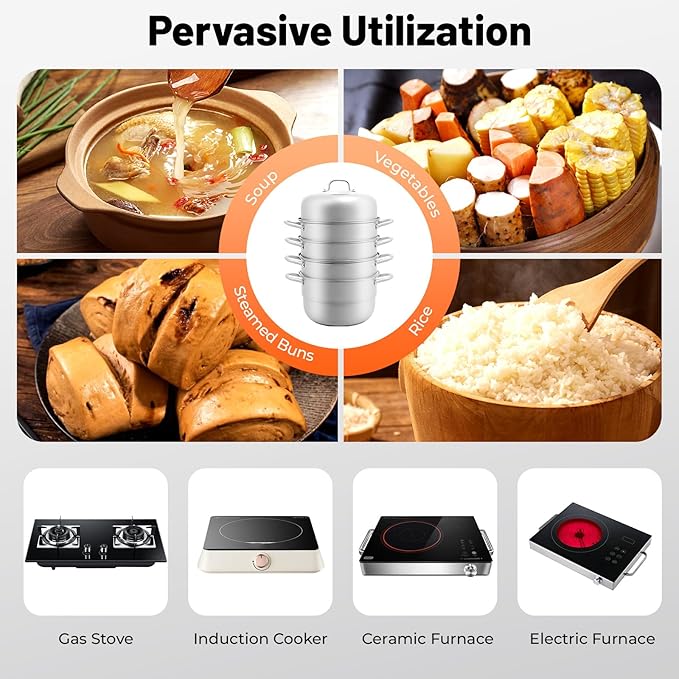 5-Tier Steamer Pot for Cooking, D12.8in Stainless Steel Steamer Cookware with Handles Glass Lid & Strainer Baskets for Food Dumpling Fish Vegetable Seafood