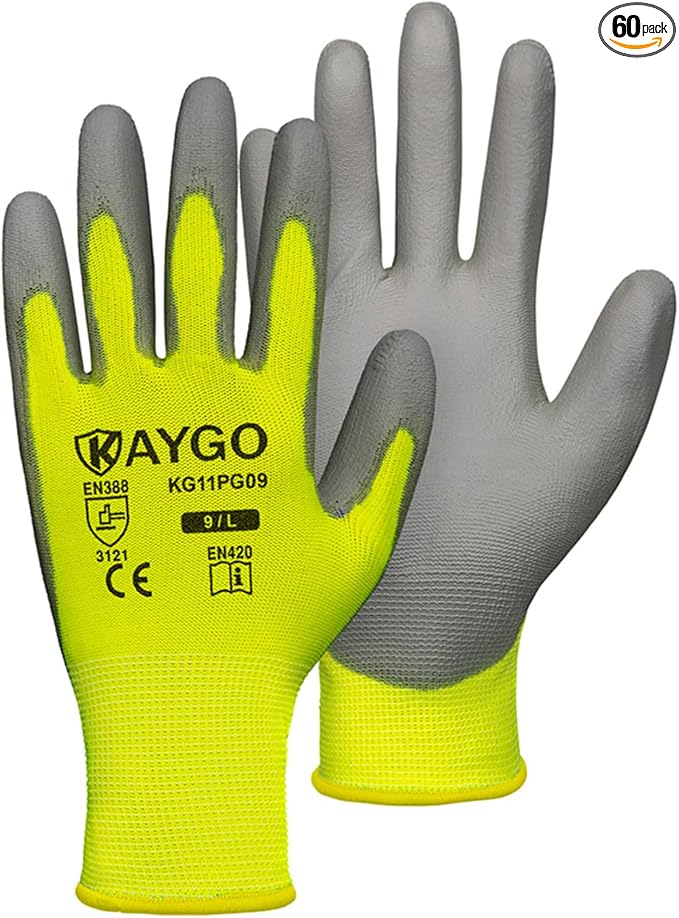 KAYGO Safety Work Gloves for Men and Women PU Coated, 60 Pairs Seamless Knit Glove with Thin Polyurethane Coated Smooth Grip on Palm&Fingers, Ideal for General Light Duty Work, KG11PB Green,L