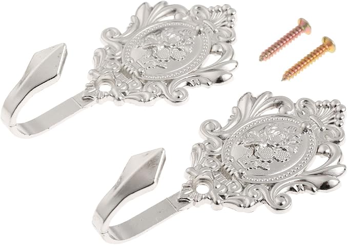 Curtain Tiebacks Small Lightweight Hooks, Vintage Silver Rose Pattern, Includes by Hicello