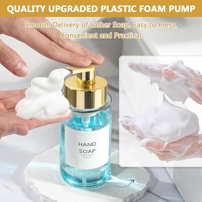 RYTOXILO Foaming Soap Dispenser, 10 oz/300ml Gold Soap Dispenser, 2 Pack Glass - Image 4