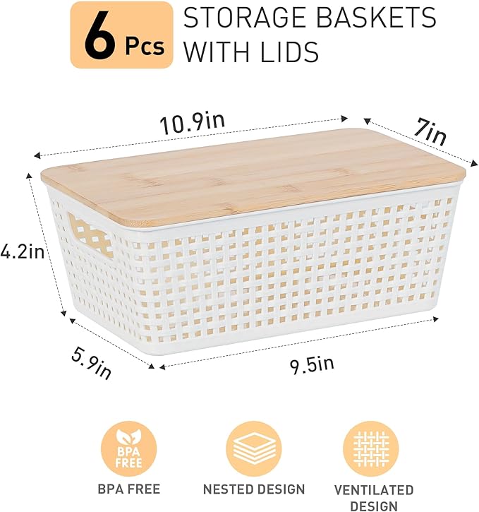 Small Storage Bins with Lids 6 Packs, Plastic Storage Basket with Bamboo Lid - Image 2
