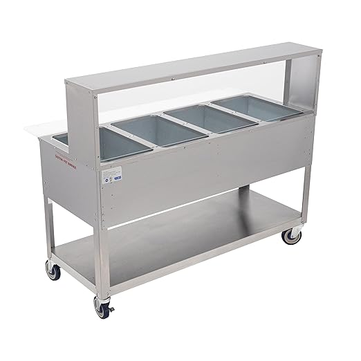 Kratos Commercial Mobile Electric Steam Table/Hot Food Table with Overshelf and Sneeze Guard, 4 Wells, Stainless Steel, NSF, 120V (28W-203)