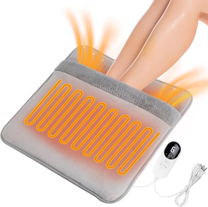 Double Sided Electric Foot Warmer with LCD Display, 6 Heat Settings & 3 Timer, Fast Heating Feet Heating Pad with Auto Shut Off, Non-Slip & Machine Washable Plush, Under Desk for Office/Home/Bed-Gray