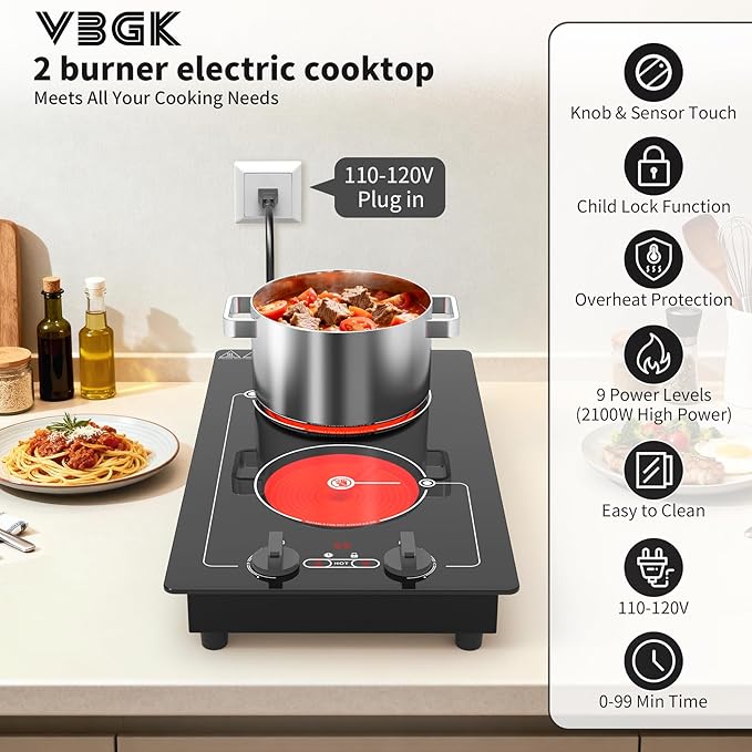 VBGK Electric cooktop,Built-in Design and Countertop Stove Top with Knob Control&Touch Control,9 Power Level, Timer & Kid Safety Lock,110-120V 2100W 2 burner Electric cooktop