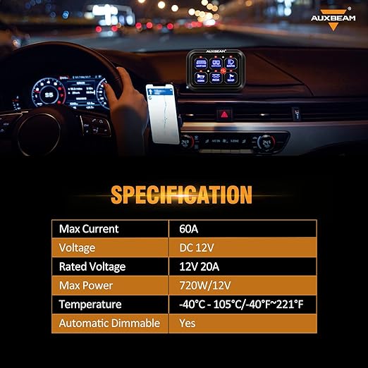 Auxbeam 6 Gang Switch Panel BC60, Universal Circuit Control Relay System Box with Automatic Dimmable On-Off LED Switch Pod Touch Switch Box for Car Pickup Truck UTV ATV Boat, 3 Years Warranty, Blue