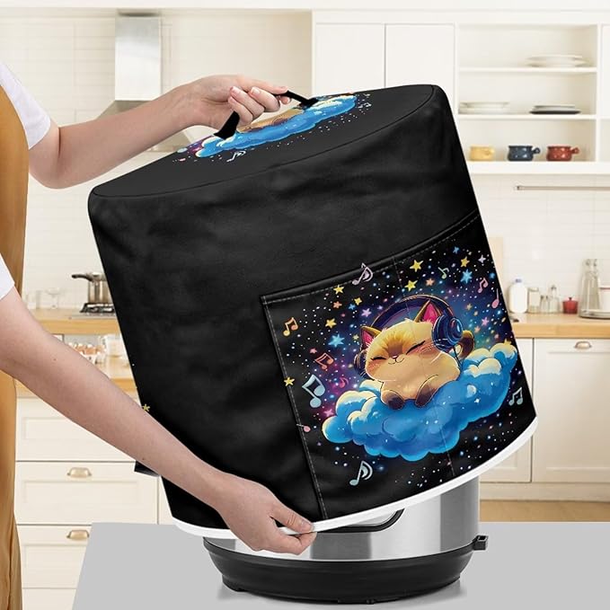 Xoenoiee Cat Starry Cloud Music Notes Pattern Pressure Cooker Cover for 8qt Kitchen Appliance Dust Cover with Pockets for Rice Cooker Air Fryer Slow Cooker