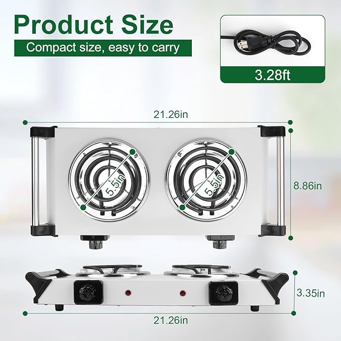 2000W Double Burner Electric, Portable Hot Plate for Cooking, Cooking Stove with 5 Temperature Adjustments, Countertop Burner Cooktop for Kitchen, Dorm (2Burner_White, 21x10x4")