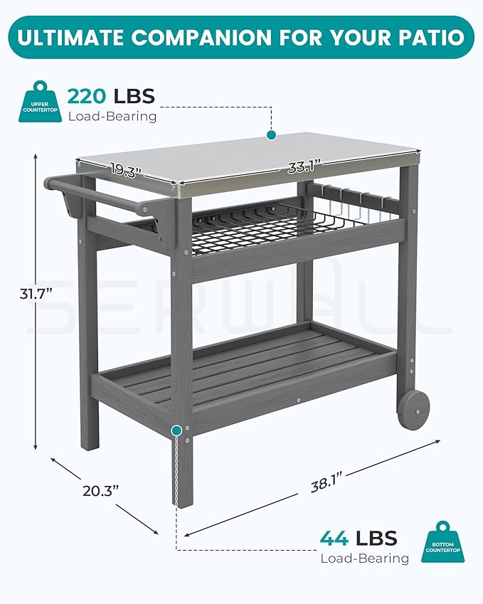 SERWALL Outdoor Grill Cart Pizza Oven Stand Trolley Table with Wheels Three-Shelf Movable Food Prep and Work Table, Grey