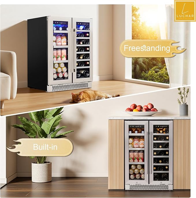 24 Inch Wine and Beverage Refrigerator, Dual Zone Wine and Drink Fridge with Glass Door&Lock for 20 Bottles and 60 Cans, Under Counter Wine Cooler Refrigerator Built-in Counter or Freestanding