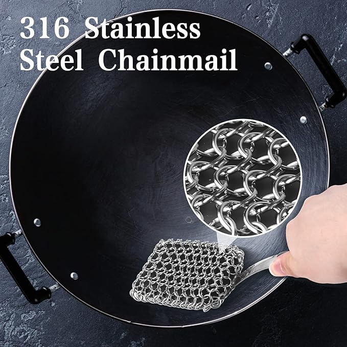 Cast Iron Scrubber Brush with Handle Cast Iron Cleaner Chainmail Scrubber + Pan Scraper, 316 Chain Maille to Clean Pan Pot Skillet Grill Griddle Metal Scrub Wok Scrub Carbon Dutch Oven Carbon Cleaning