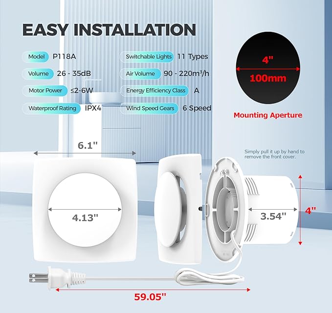 Bathroom Exhaust Fan with Light, 10 RGB Lights 3000 RPM Upgraded 2 Way 6 Speed Bathroom Fan with Remote Low Noise DC Motor Energy Saving Household Ventilation Fans for Attic Basement Garage V118A25