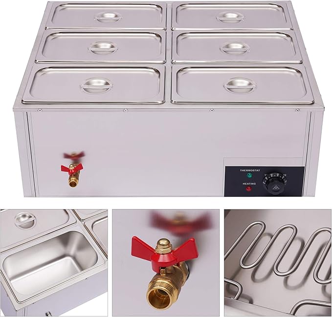 6-Pan Commercial Bain Marie Buffet Food Warmer, 850W 44Qt Electric Steam Table Food Warmer, Countertop Commercial Buffet Warmer, 86℉-185 Temp Control for Buffet Party Catering Restaurant