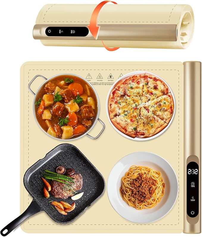 Upgrade Graphene Warming Mat for Food, Electric Warming Tray Rapid Heating with 6 Temps &Timer Settings, Portable Food Warming Mat for Countertop Buffets Party, Beige