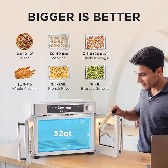 Ivation Dual Zone Air Fryer French Door Oven - 32 Quatity Convection Toaster Combo, 10-in-1 Multifunction Up to 450° - 1800W - Temperature Control, Timer - Stainless Steel - Dehydrate, Bake, Roast