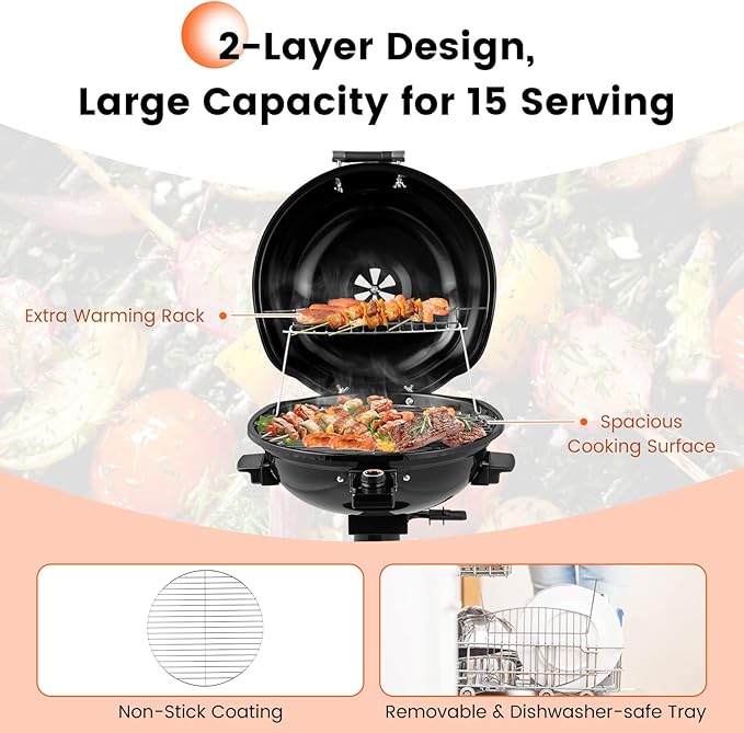 HAPPYGRILL 1600W Electric Grill Outdoor, Portable BBQ Grill with Warming Tray, Removable Non-Stick Grill Rack, Adjustable Temperature& Oil Drip Tray for Patio, Camping, Picnic (Balck)