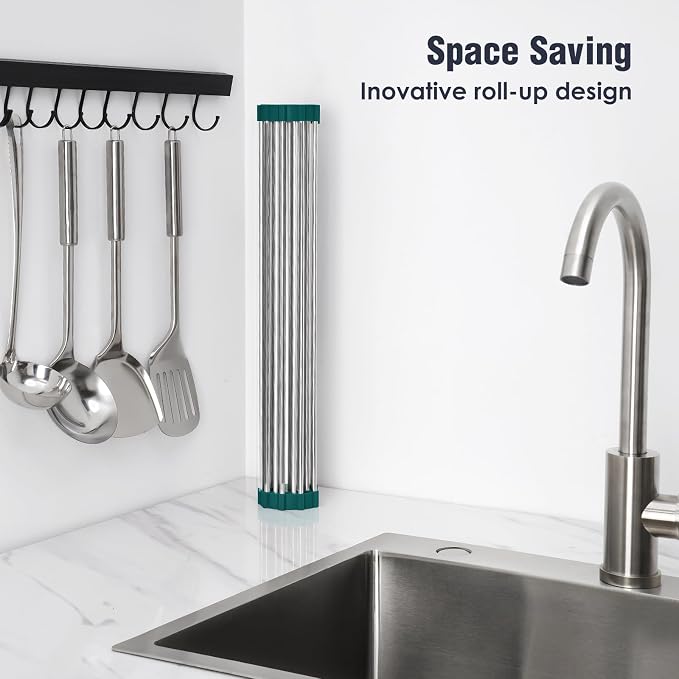 Tomorotec Roll Up Dish Drying Rack Over Sink, 304 Steel, Dark Green | Anti-Slip - Image 3