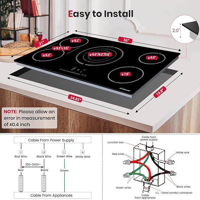 GASLAND 36 Inch Electric Cooktop, 5 Burners Glass Stove Top, ETL & FCC Certificated, 9200W Built-in Radiant Ceramic Cooktop, Slide Touch Control, Child Safety Lock, Hot Surface Indicator, 240V